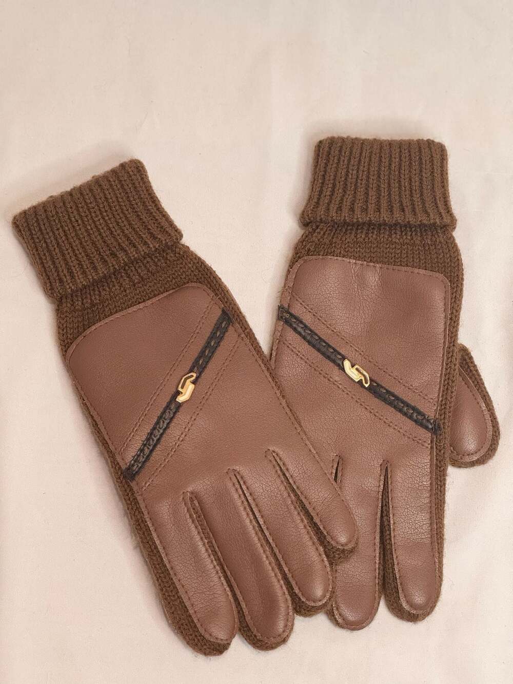 Vintage English Village Brown‎ Leather and Knit Gloves